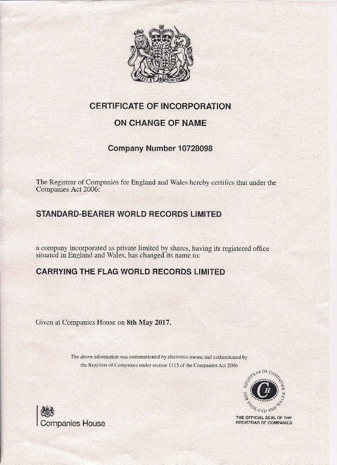 CARRYING THE FLAG WORLD RECORDS LIMITED UK Registration Certificate